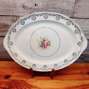 TAYLOR, SMITH & TAYLOR OVAL SERVING PLATTER FLORAL ROSES SILVER BAND